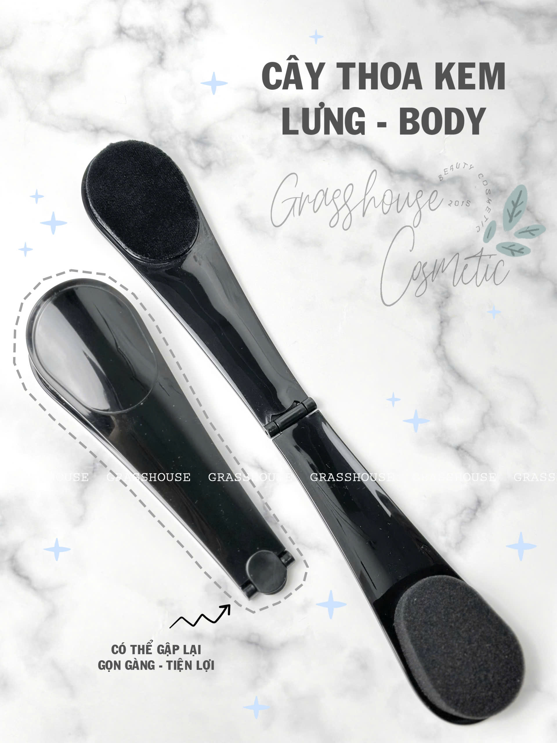 Dụng cụ cây cọ Thoa Kem Body, Cây Thoa Kem Lưng 2 đầu mút và vải nhung Có thể Gập Lại