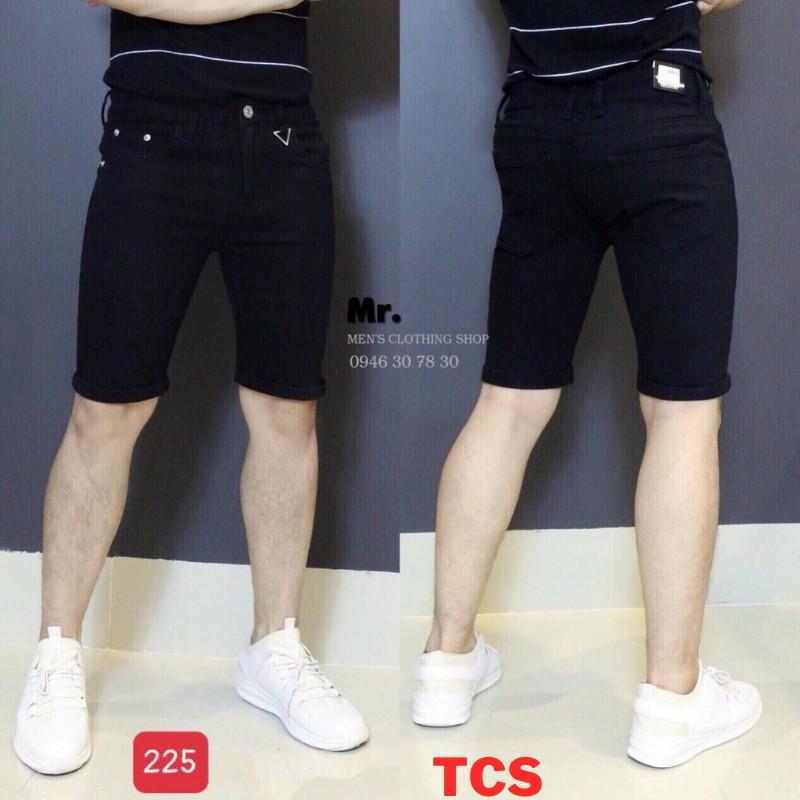 Quần short jean nam co dãn 4 chiều màu đen trơn không rách TCS 225