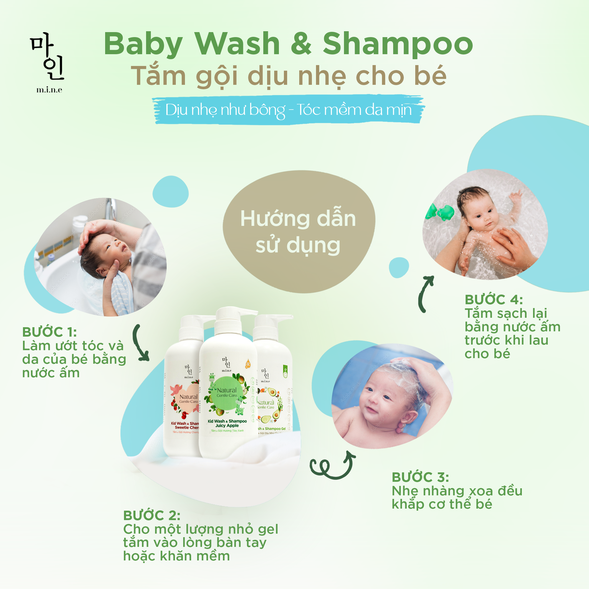 Tắm &amp; Gội Hương Táo Xanh cho bé MINE – Kid Wash &amp; Shampoo Juicy Apple