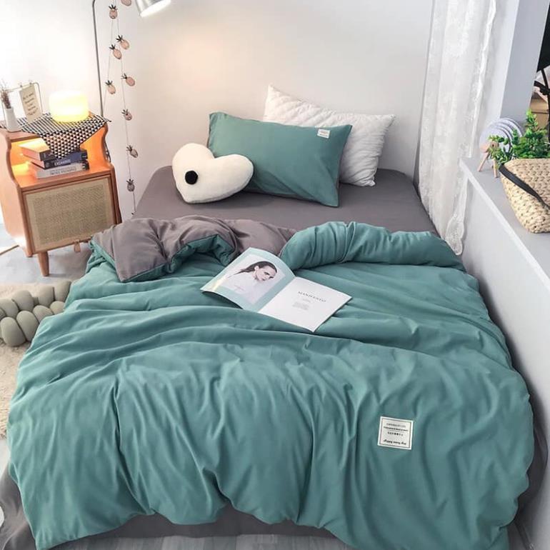 Bộ Chăn Ga Gối Cotton TC xanh ngọc phối ghi