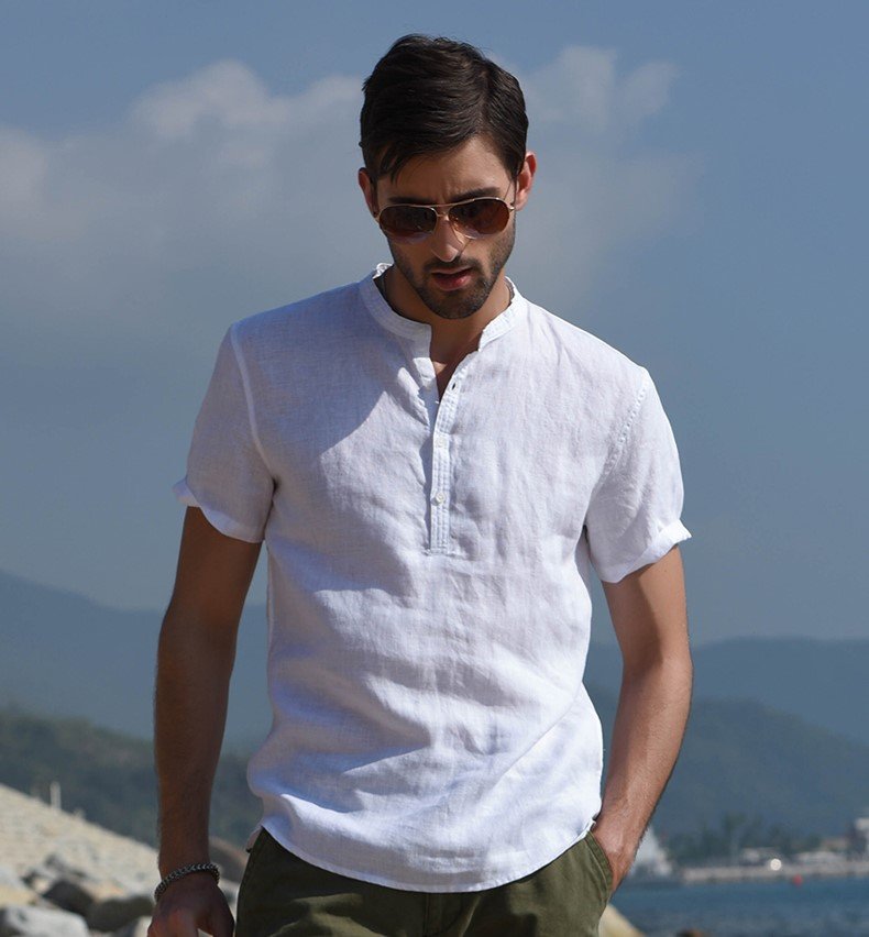 Áo sơ mi linen dành cho  nam, trơn cổ trụ, sơ mi hàn quốc Haint Boutique, form vừa