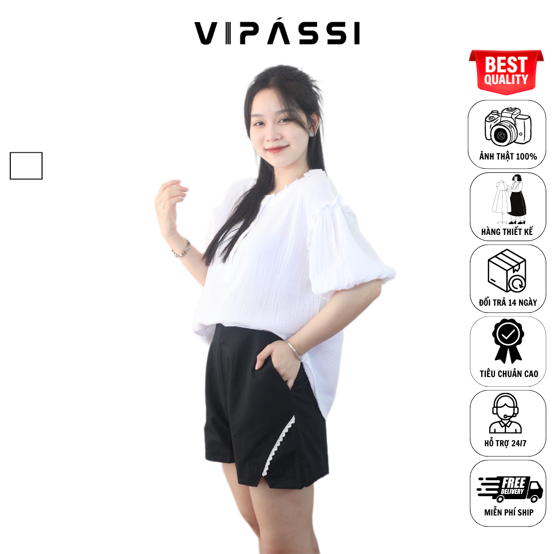 VIPÁSSI Áo Baby Cotton Cổ Bèo Đính Nút Ngắn Tay Phòng Trắng