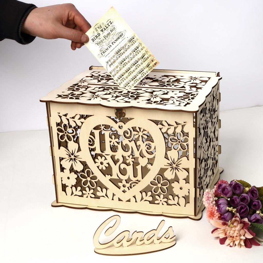 DIY Rustic Hollow Wedding Money Box Wooden Gift Card Box for Party Reception