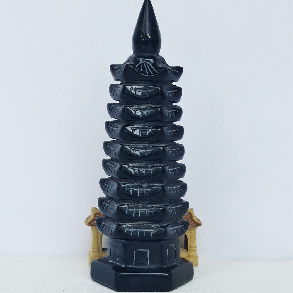 Tháp Văn Xương Đá Obsidian Đen - Núi Lửa Đen 9 tầng - Mx - 16cm - Hợp Mệnh Mộc, Thuỷ