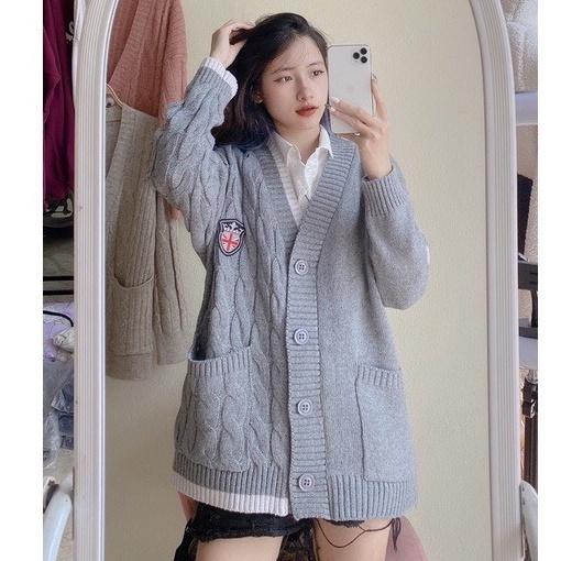 Áo Cardigan Len Trơn Thừng Logo Chất Dày Dáng Dài Xám