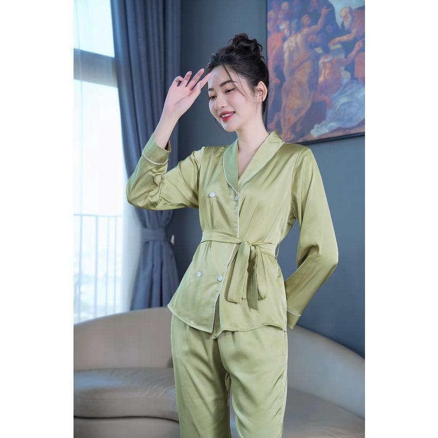 Bộ mặc nhà Pyjama lụa cao cấp Tea Store cổ sam tay dài màu Xanh Bơ siêu sang