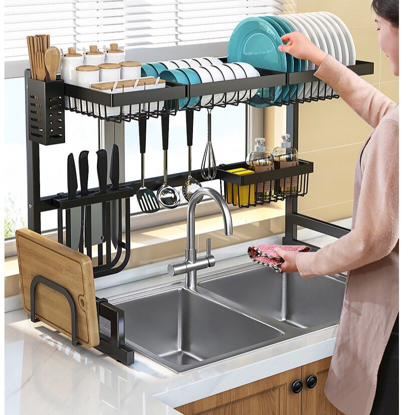 Kệ để chén bát, dao thớt bằng inox ráo nước trên bồn rửa - Bồn 2 chậu