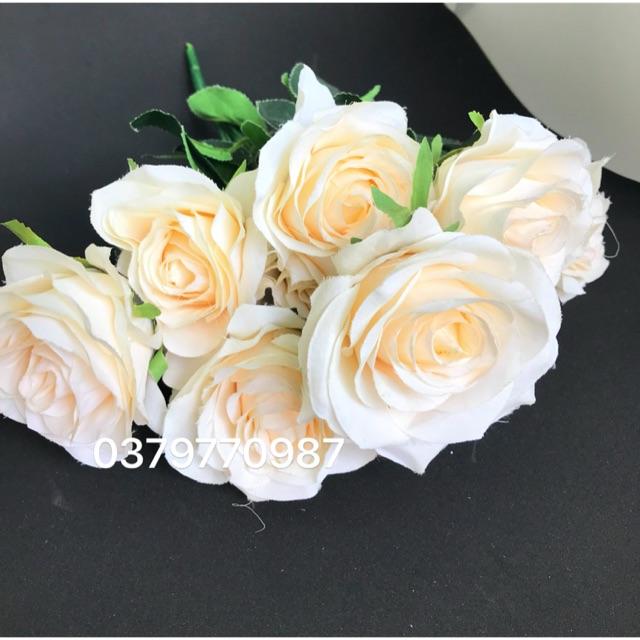 Hoa lụa - Cụm hoa hồng 10 bông Trắng