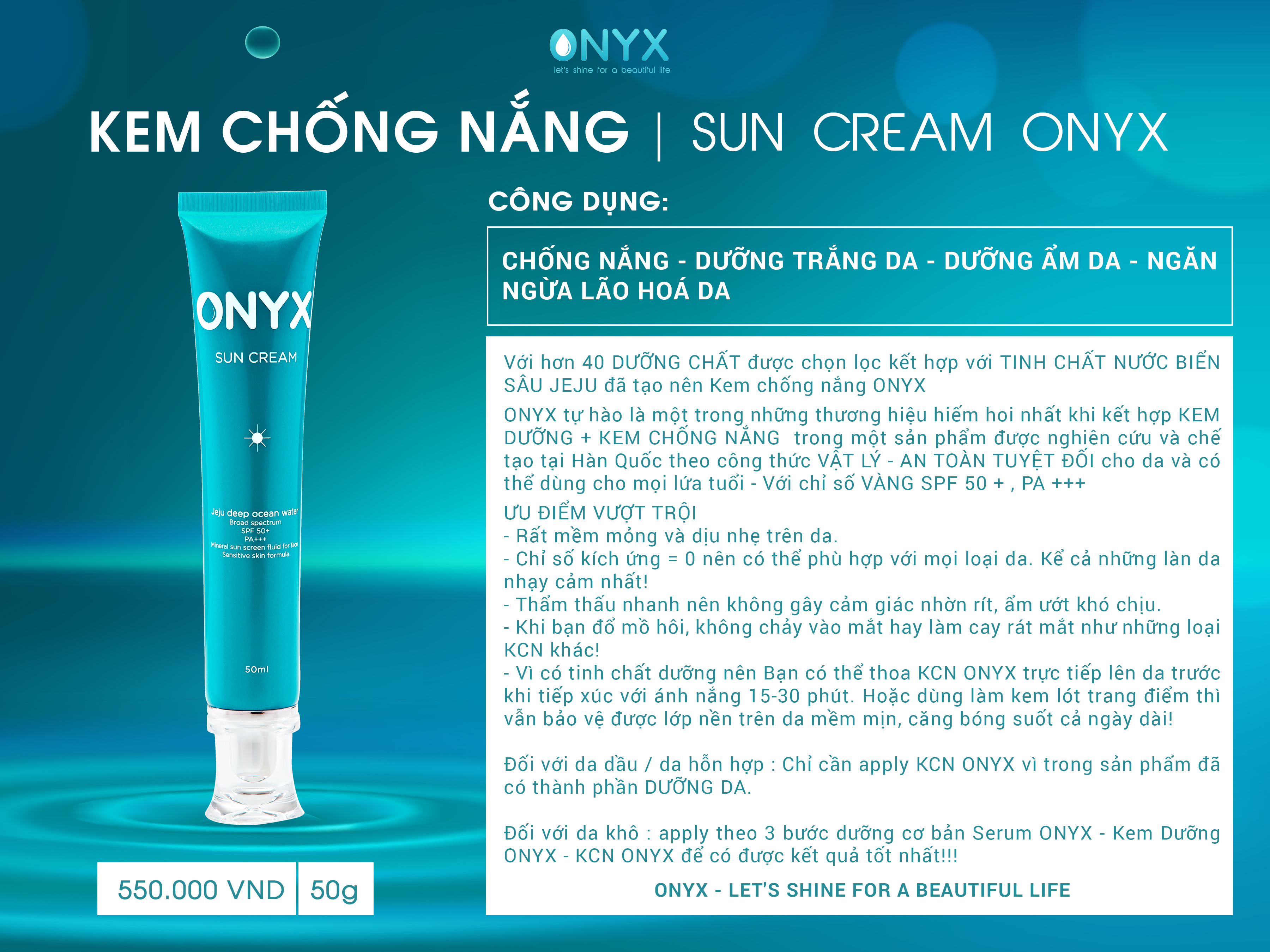 Kem Chống Nắng ONYX Giúp Bảo Vệ Da Trước Tác Hại Của UVB & UVA SPF 50+/PA+++ ONYX SUN CREAM