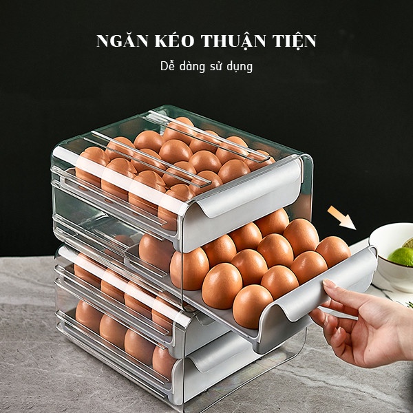 Hộp Đựng Trứng Tủ Lạnh Hai Tầng Trong Suốt 32 Ô Đựng Trứng Có Ngăn Kéo Tiện Lợi - Chất Liệu Nhựa PET + PP Chống Va Đập