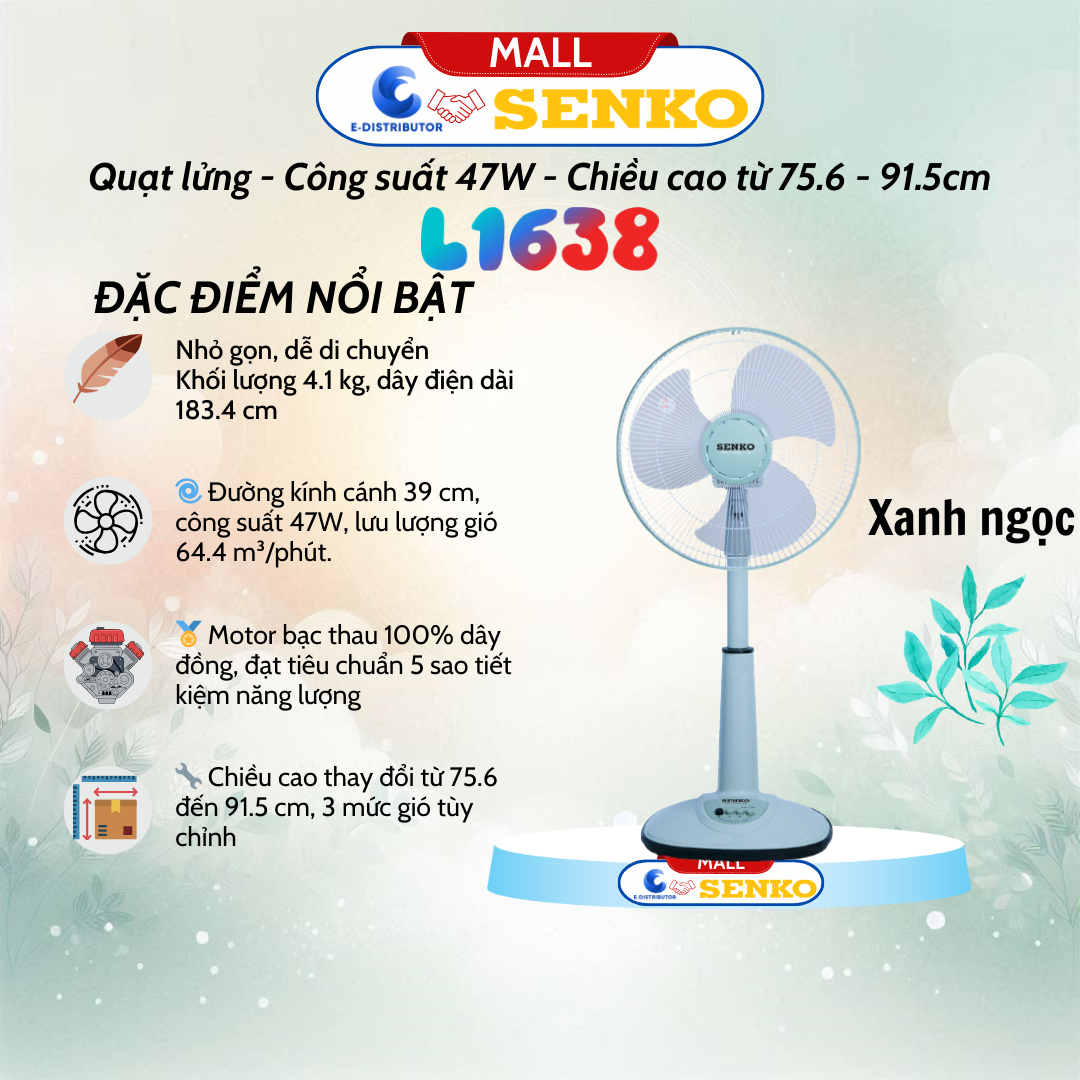 Quạt Lửng Ống Nhựa Senko L1638 - Công suất 47W - Màu tuỳ chọn - Hàng Chính Hãng