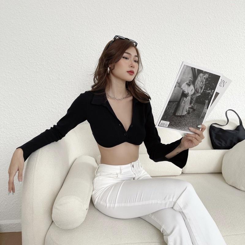 ┋♘Áo croptop nữ body dài tay TOPTIFY cổ polo hai nút viền ngực Shelby Top A216