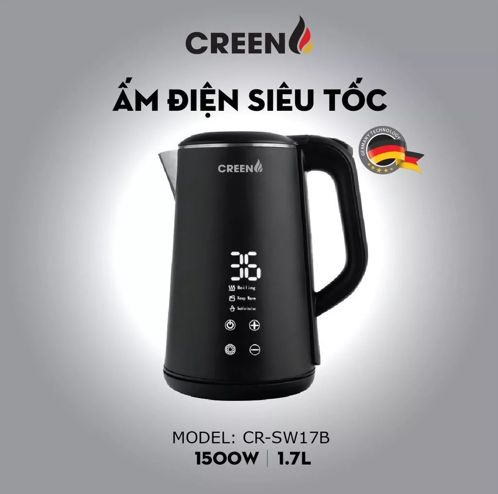 ( SIÊU PHẨM 2026 ) Ấm Siêu Tốc Khử Clo inox304 Creen CR-SW17B Dung Tích 1,7L Chuẩn Công Nghệ Đức - Điều Chỉnh Nhiệt Độ - Hàng Chính Hãng