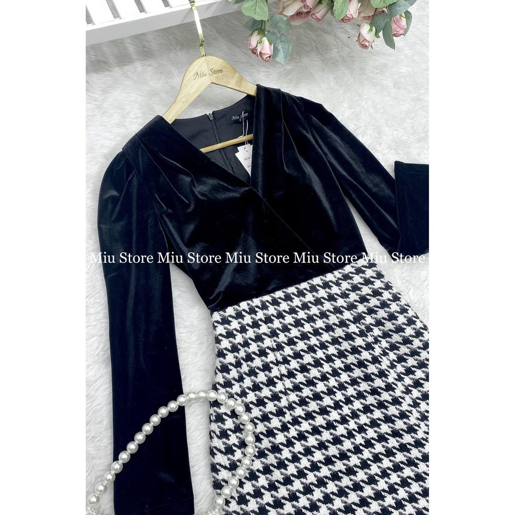 Đầm nữ thiết kế váy công sở nhung liền phối dạ len houndstooth MIUSTORE D00250