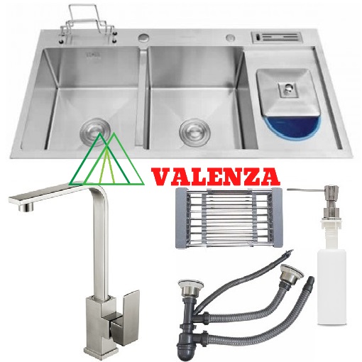 Combo chậu rửa chén bát inox sus304 Valenza hộc rác+cài dao thớt, vòi rửa bát nóng lạnh inox sus304 vuông, bộ xả chậu, rá inox, bình xà phòng