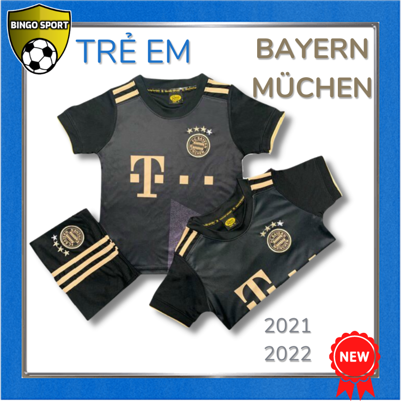 Bộ Quần Áo Bóng Đá, Đá Banh TRẺ EM BAYERN MUCHEN Màu Đen Vàng Mẫu Mới Thun Lạnh 4 Chiều, Logo Thêu Nổi Cao Cấp Đẹp Giá Rẻ 21/22 BYMC01TE