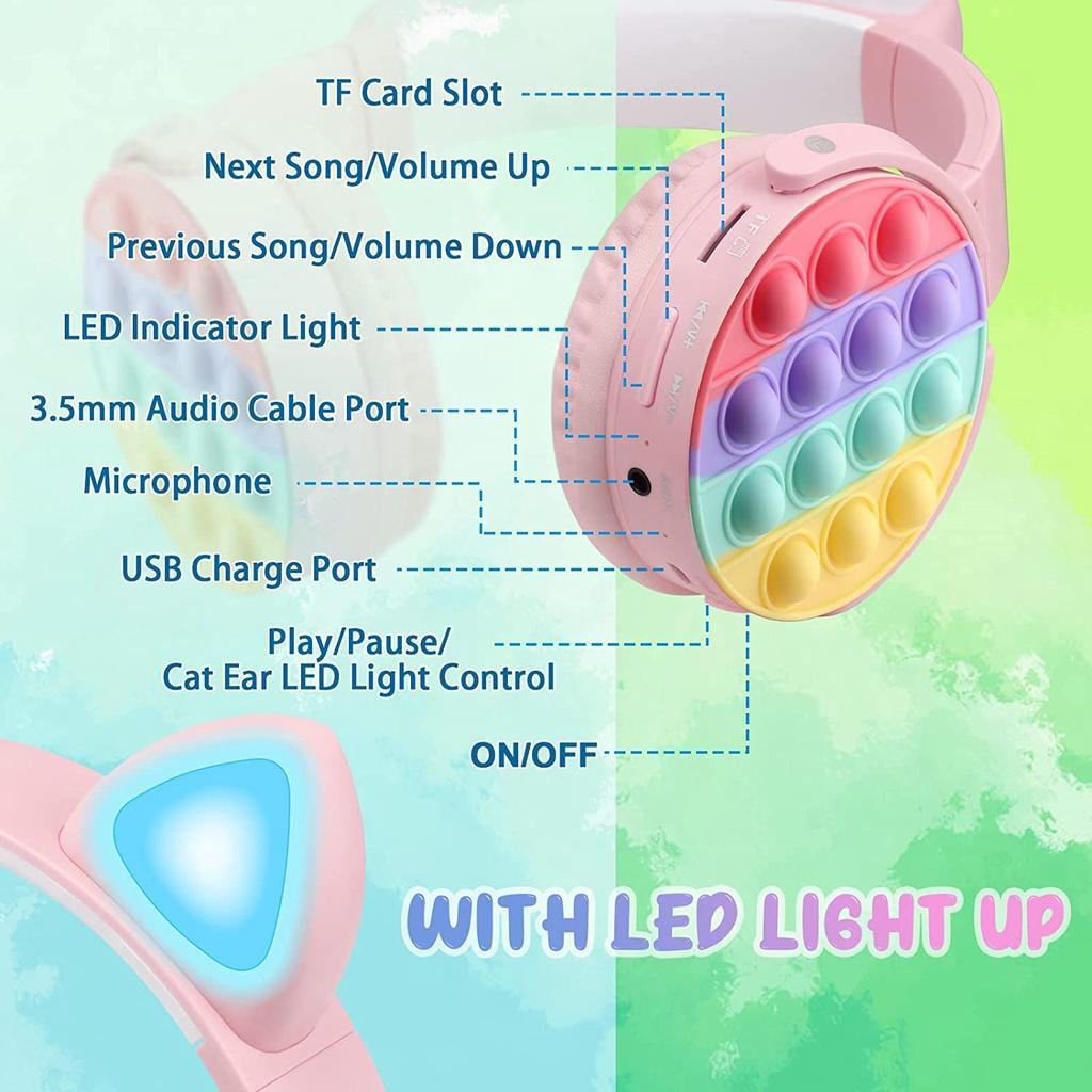 Tai nghe bluetooth không dây có hình tai mèo dễ thương có đèn LED và micro