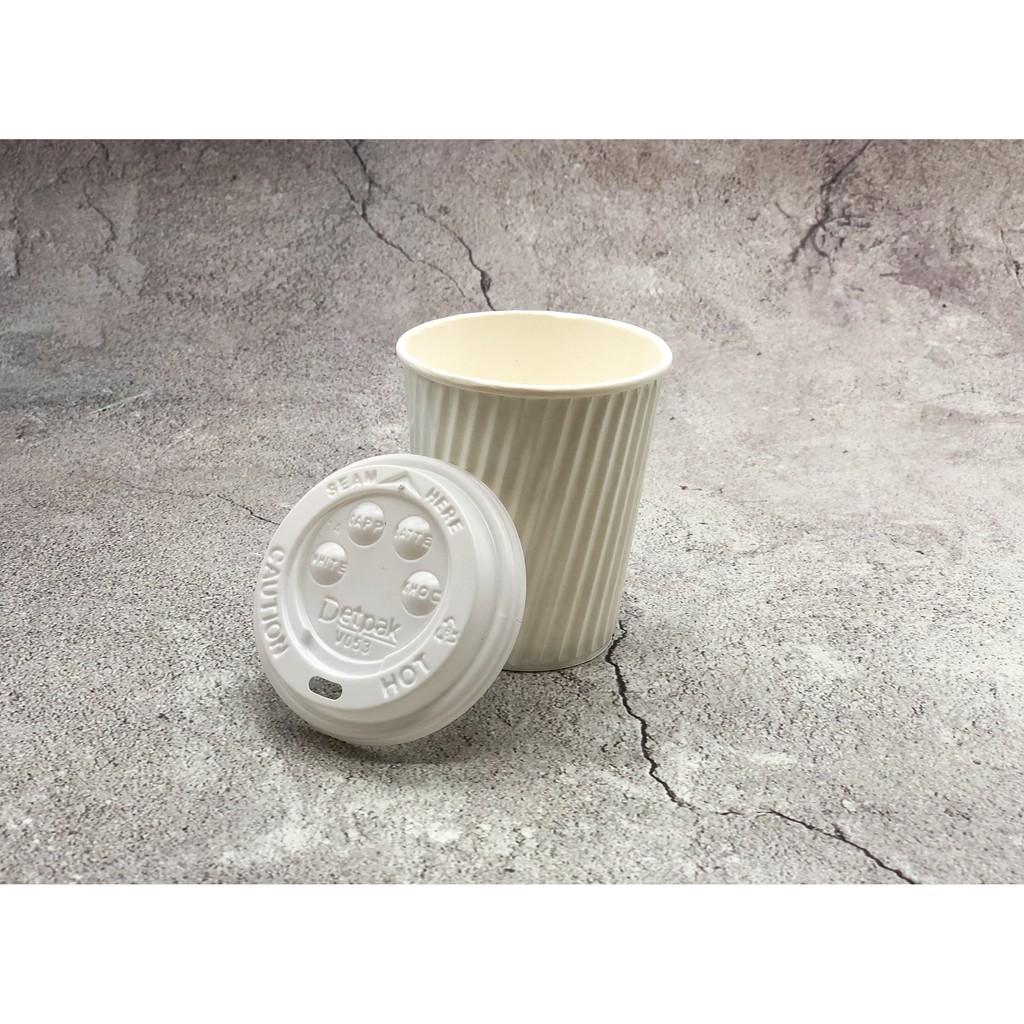 Set 40 cái_Size 8oz_Ly giấy 2 lớp lượn sóng màu và nắp button màu trắng đồ uống nóng
