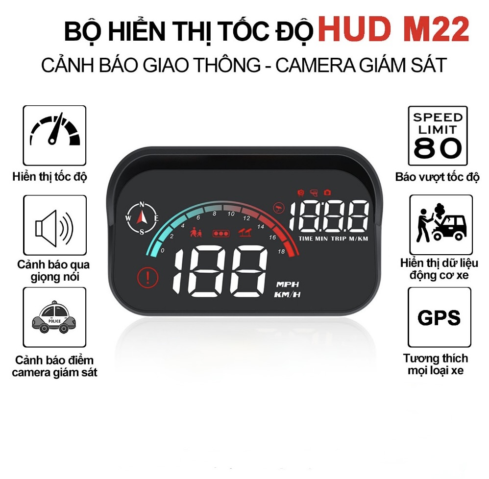 HUD M22 Hiển Thị Tốc Độ Trên Kính Lái Ô Tô Cảnh Báo Giọng Nói Tiếng Việt – Kết Nối OBD2 & GPS