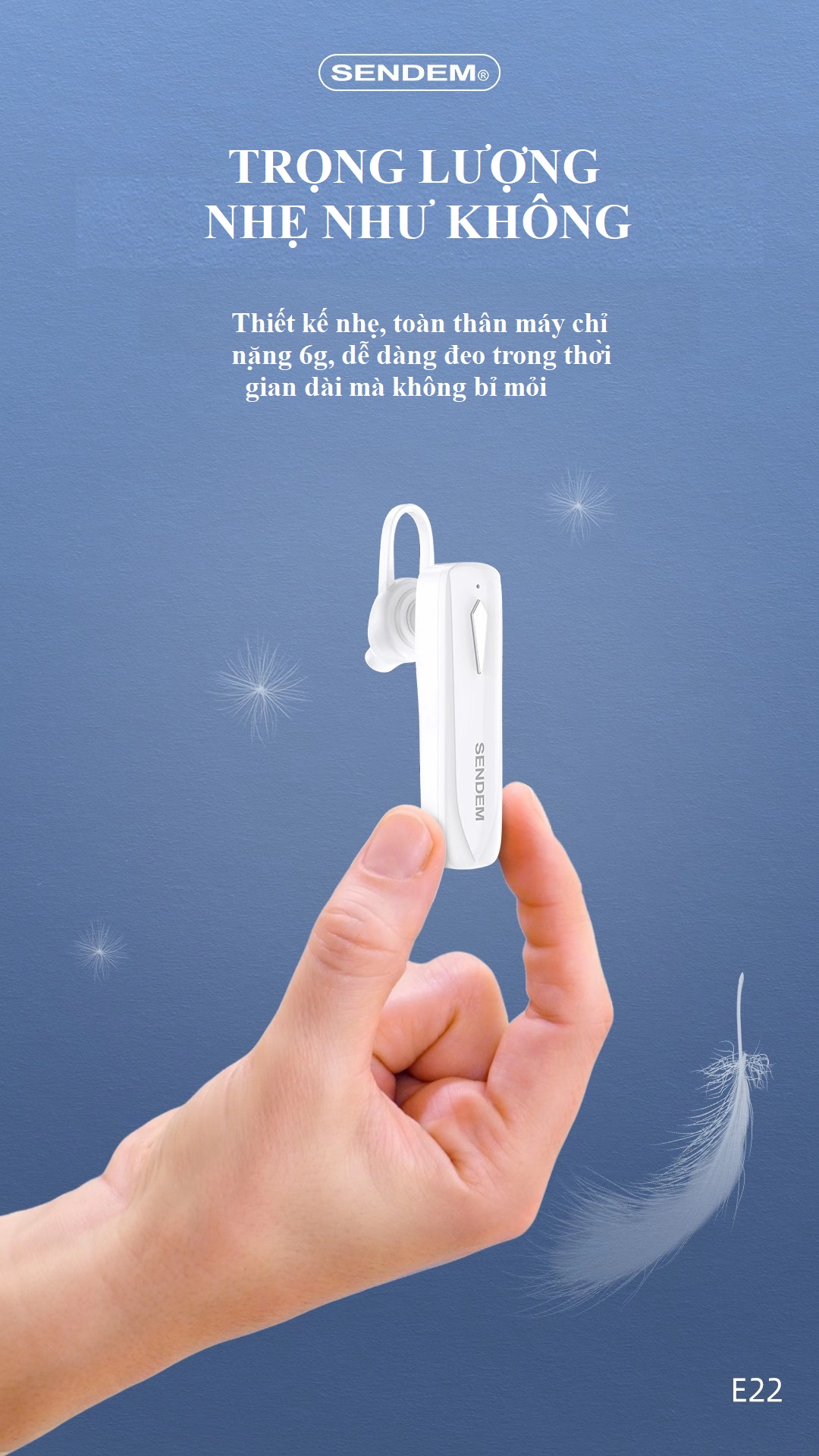 Tai nghe Bluetooth V5.0 Sendem E22 cài 1 tai, pin trâu, đàm thoại cực tốt - Hàng chính hãng