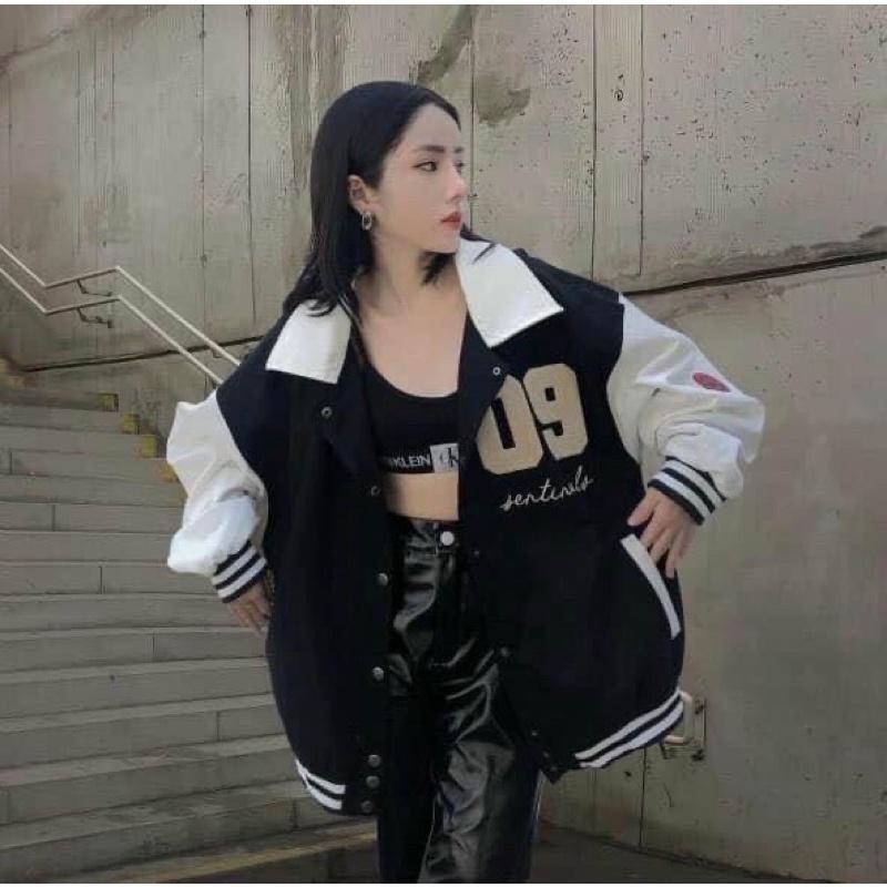 Áo khoác bomber bóng chày cổ sơmi nhung gân 2 lớp thêu số 09 unisex ulzzang nam nữ