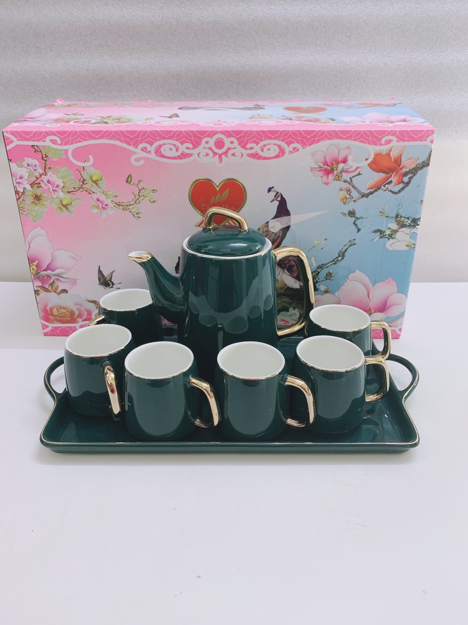 BỘ BÌNH TRÀ CÀ PHÊ KÈM KHAY SỨ CAMELIA MÀU XANH CỔ VỊT VIỀN VÀNG CAO CẤP - ANTH411
