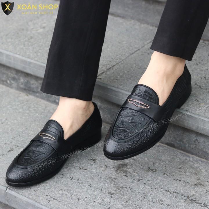 Giày Lười Da Nam DA ềm Dập Vân Cá Sấu - Đế Cao su Đúc Nguyên Khối - Mã X091-3 Màu Đen