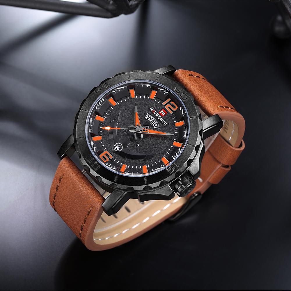 Đồng hồ đeo tay dây da chính hãng Lịch & Tuần NAVIFORCE Cool Luminous Quartz Men chống nước 3ATM