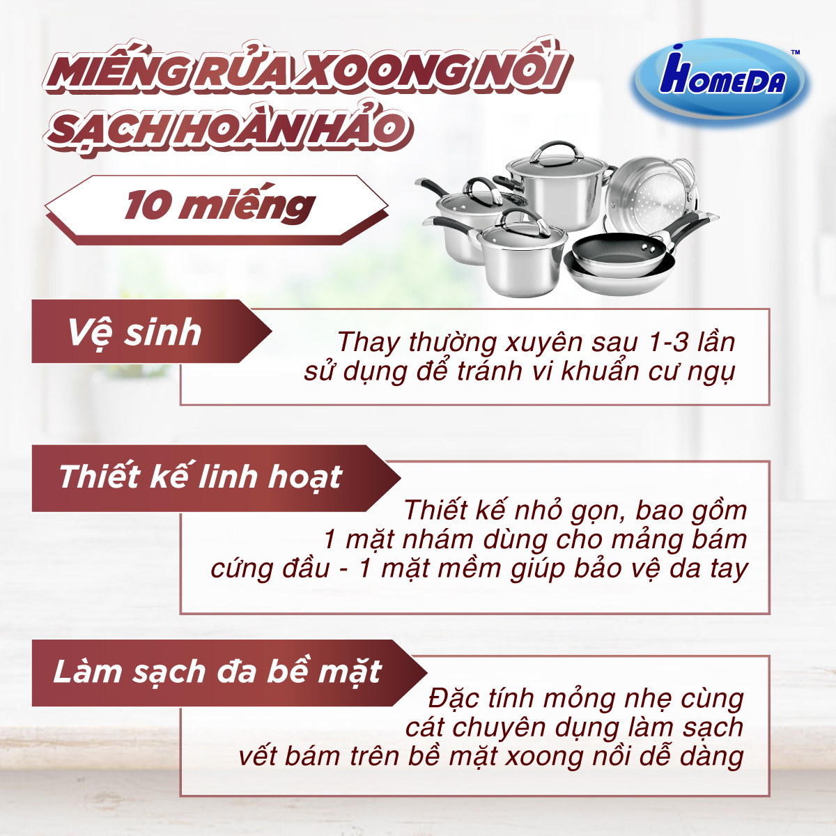 Gói 10 Miếng rửa xoong nồi tiện dụng Ihomeda - Set 10 Ihomeda pan srubbers