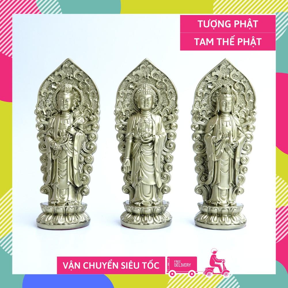 Bộ 3 Tượng Tam Thế Phật Tây Phương Tam Thánh đứng mạ đồng - Cao 18cm