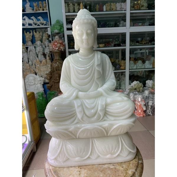 Tượng Phật Bổn Sư Thích Ca Ngồi Đài Sen Cầu Bình An Đá Cẩm Thạch Trắng - cao 50cm
