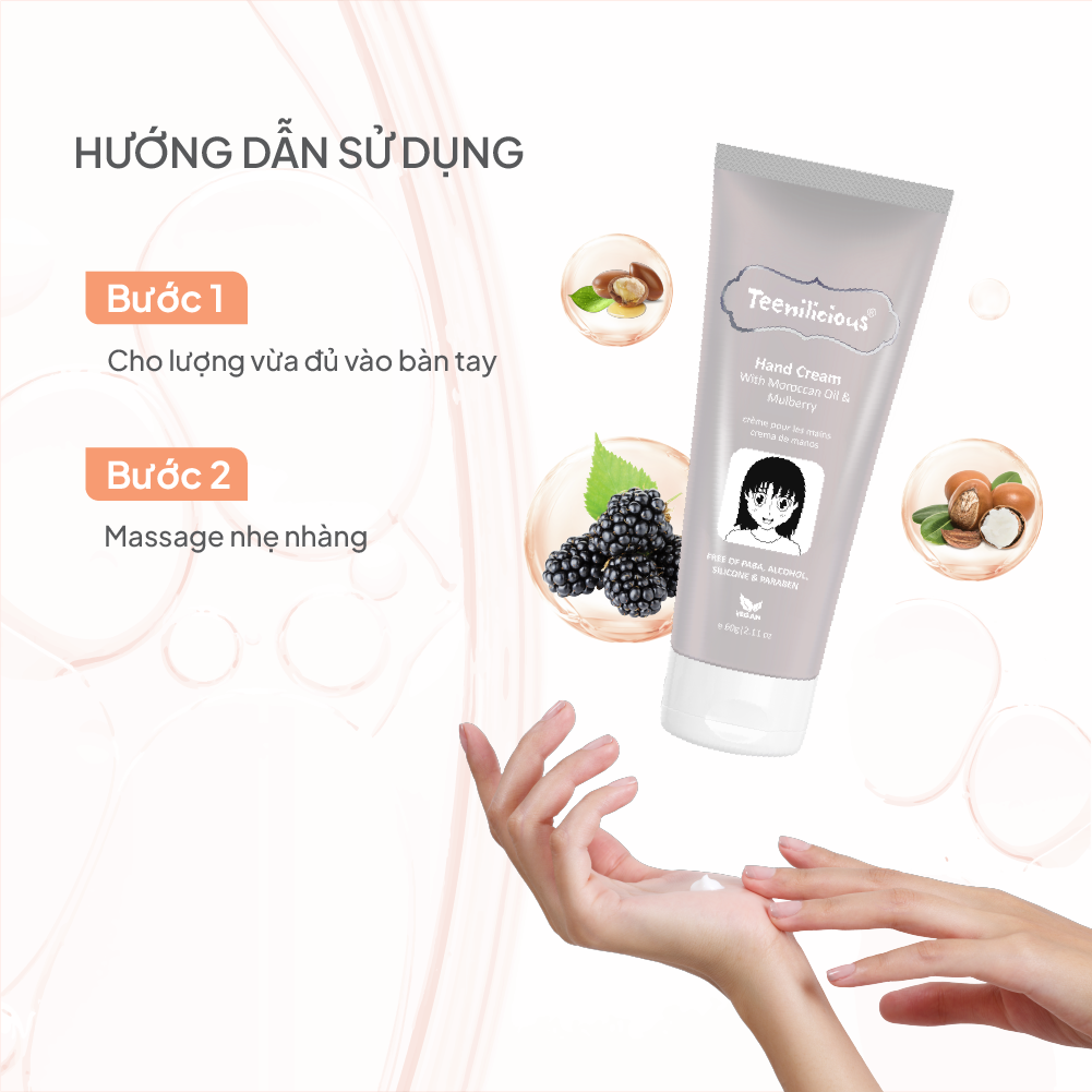Kem Dưỡng Da Tay Teenilicious Hand Cream With Moroccan Oil &amp; Mulberry Giúp Dưỡng Ẩm Da Mềm Mịn 60g