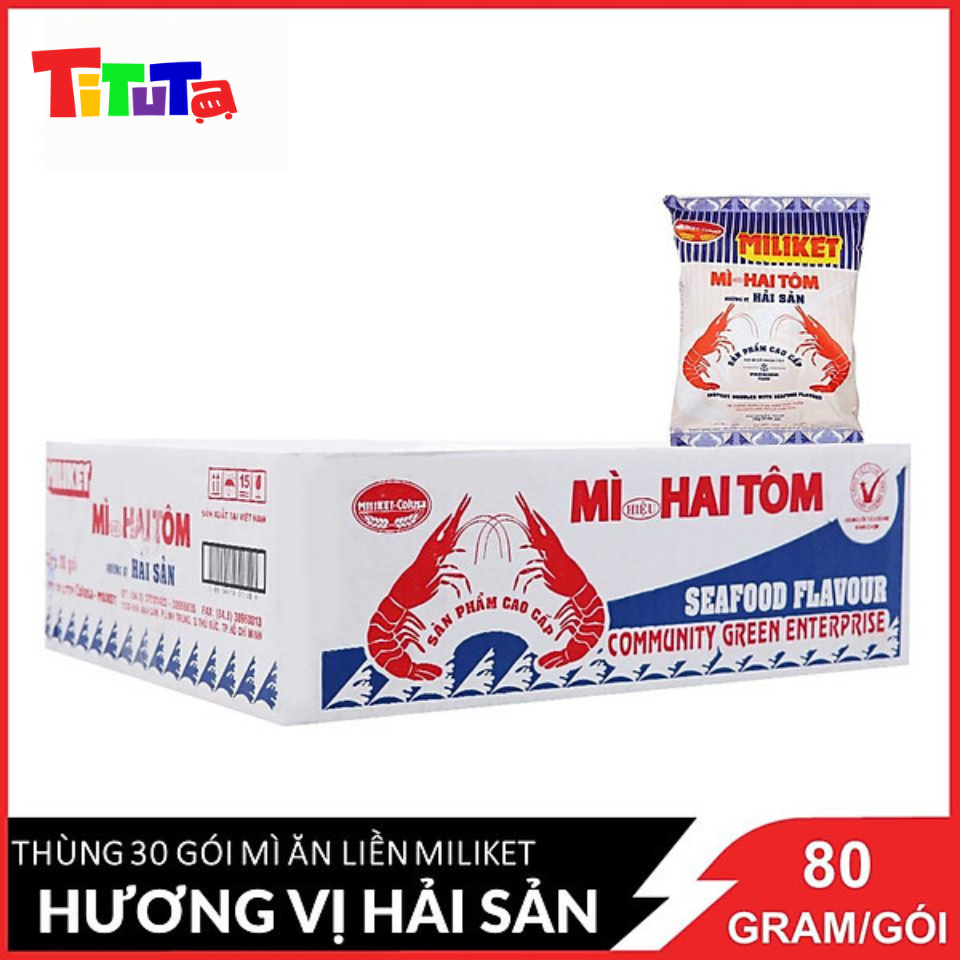 [Nguyên thùng 30 gói] Mì ăn liền Miliket Hai tôm hương vị hải sản 75gX30