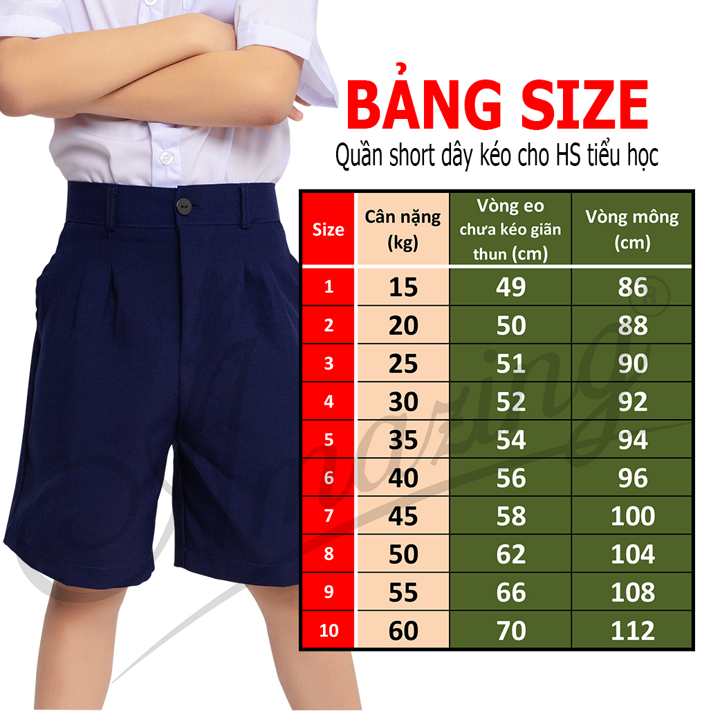 Quần short dây kéo bé trai cấp 1, lưng thun phía sau, mỗi bên xếp 2 ly, có 2 túi, màu xanh học sinh, hiệu Amazing