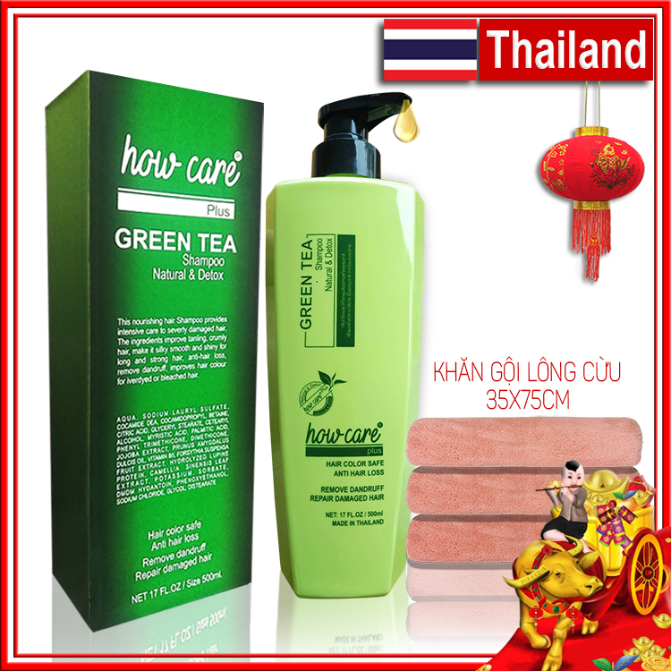 Combo 1 Chai Dầu gội Kích Thích Mọc Tóc - Ngăn Ngừa Gàu Ngứa - Trà Xanh Howcare Thái Lan 500ml + 1 Khăn Gội Đầu Lông Cừu 35x75cm Karina