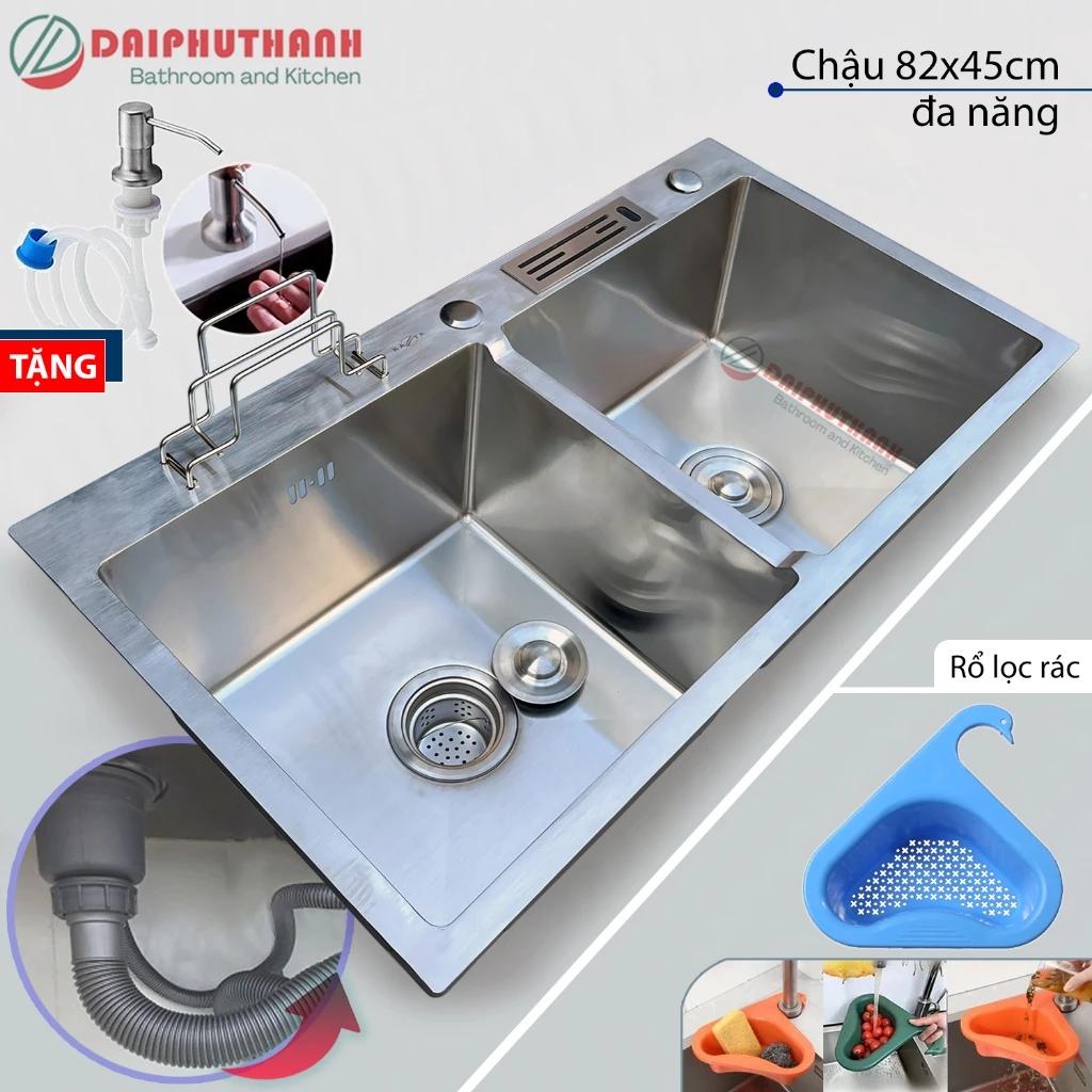 COMBO Chậu Rửa Bát Inox 2 Hộc 82x45cm Đa Năng Kèm Vòi - Chậu đủ xi phông, 2 lựa chọn vòi, tặng 2 món phụ kiện