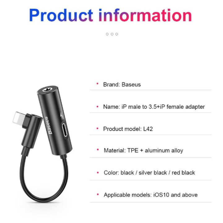 Bộ chuyển cổng Lightning sang Audio 3.5mm + Lightning Baseus L42 cho iPhone X/ XS Max CALL42-01 - Hàng nhập khẩu