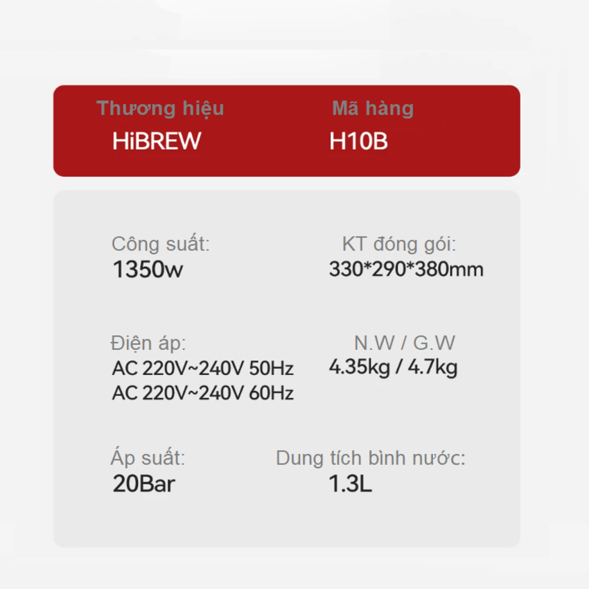 HÀNG CHÍNH HÃNG - Máy pha cà phê bán tự động Espresso, Cappuccino, Latte. Thương hiệu Mỹ cao cấp HiBREW - H10B