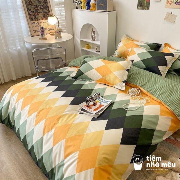 Bộ Chăn Ga Gối Cotton 3D m6/m8/2m - Full size Tiệm Nhà Mêu 2 Vỏ gối ,drap , vỏ chăn Cotton Kẻ Xanh Trắng Nhập Khẩu