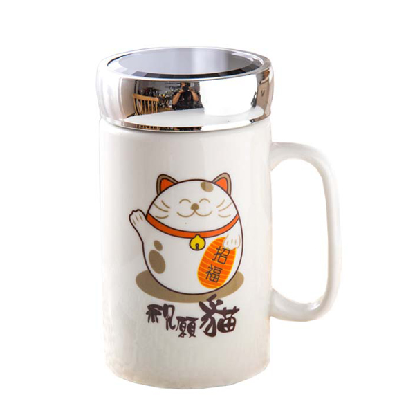 Ly sứ giữ nhiệt mèo thần tài Nắp tráng gương