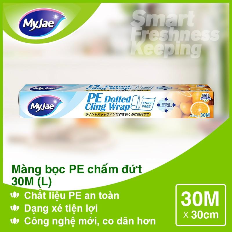 Màng bọc thực phẩm PE MyJae Đài  Loan 30cmx30m dạng xé chấm đứt bảo quản thực phẩm an toàn tiện lợi