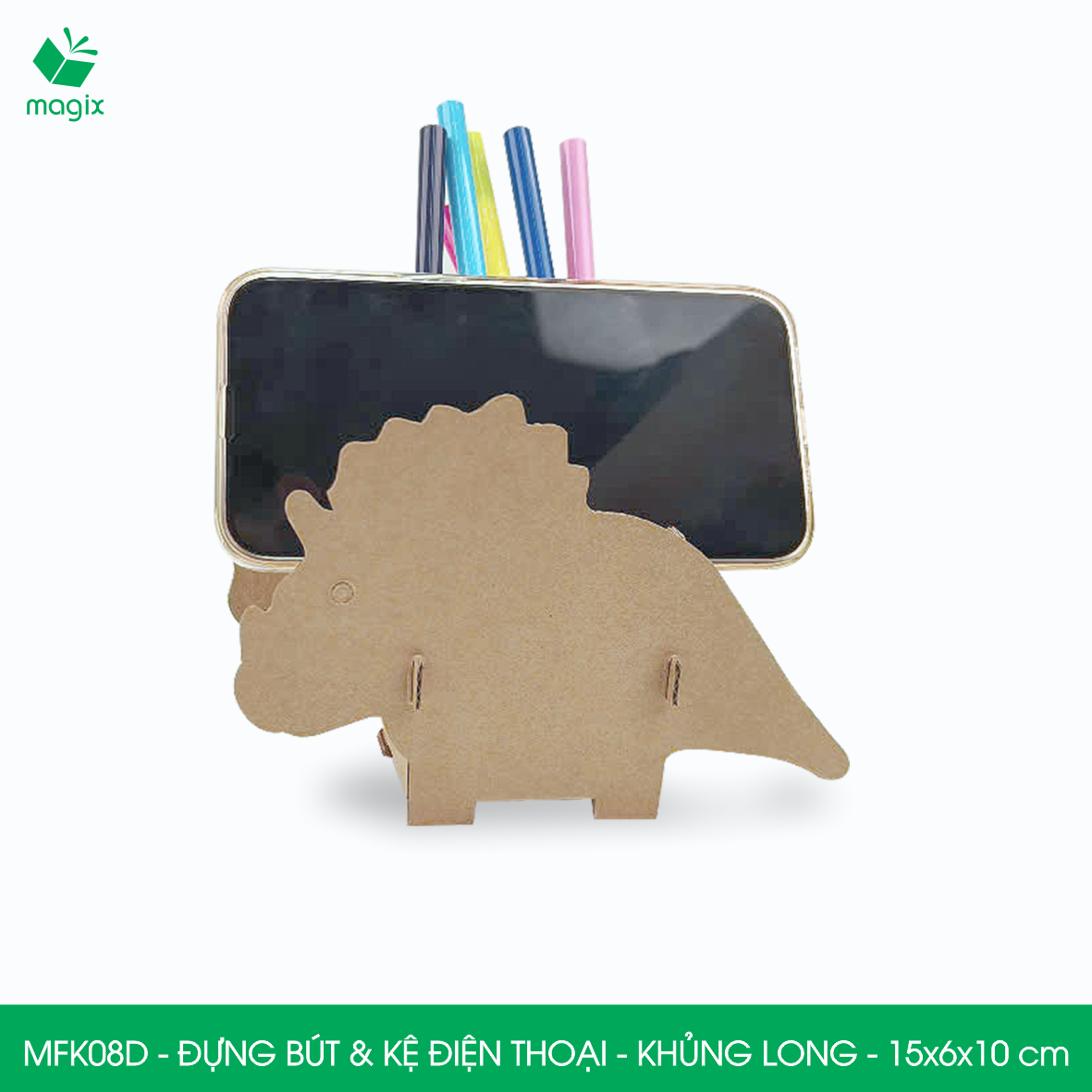 MFK08D - Đựng bút &amp; kệ điện thoại bằng giấy carton - Hộp bút kiểu dáng Khủng long - 15x6x10 cm