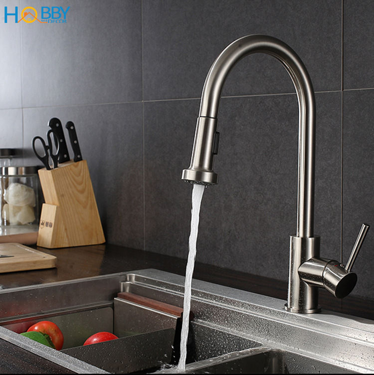 Vòi nước rửa chén bát nóng lạnh dây rút tăng áp inox 304 Hobby Home Decor VDR4 2 chế độ phun kèm dây cấp