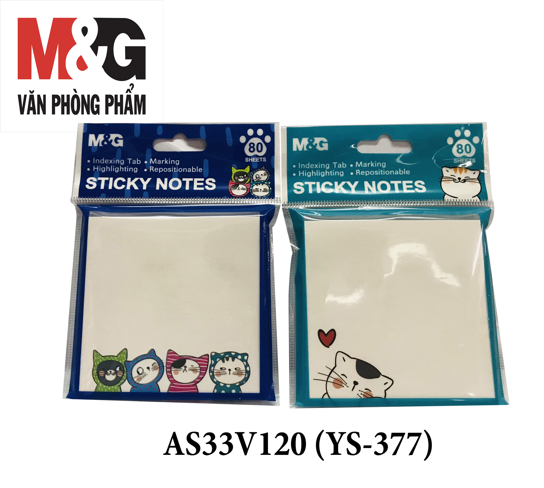 Combo 2 Giấy Ghi Chú AS33V120 - (YS-377) Dạng 3 x 3cm Giấy Màu Trắng Phía Dưới Góc In Hình Mèo Con