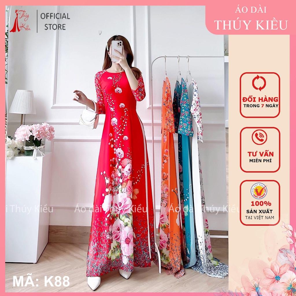 Áo dài thiết kế nữ đẹp nền đỏ hoa đào K88 in 3D lụa Nhật hoa mới cách tân