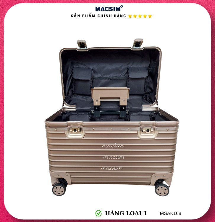 Vali hợp kim nhôm nguyên khối cao cấp Macsim Aksen hàng loại 1 MSAK168 Nhãn hiệu Macsim cao cấp cỡ 18 inches màu đồng-đen-bạc