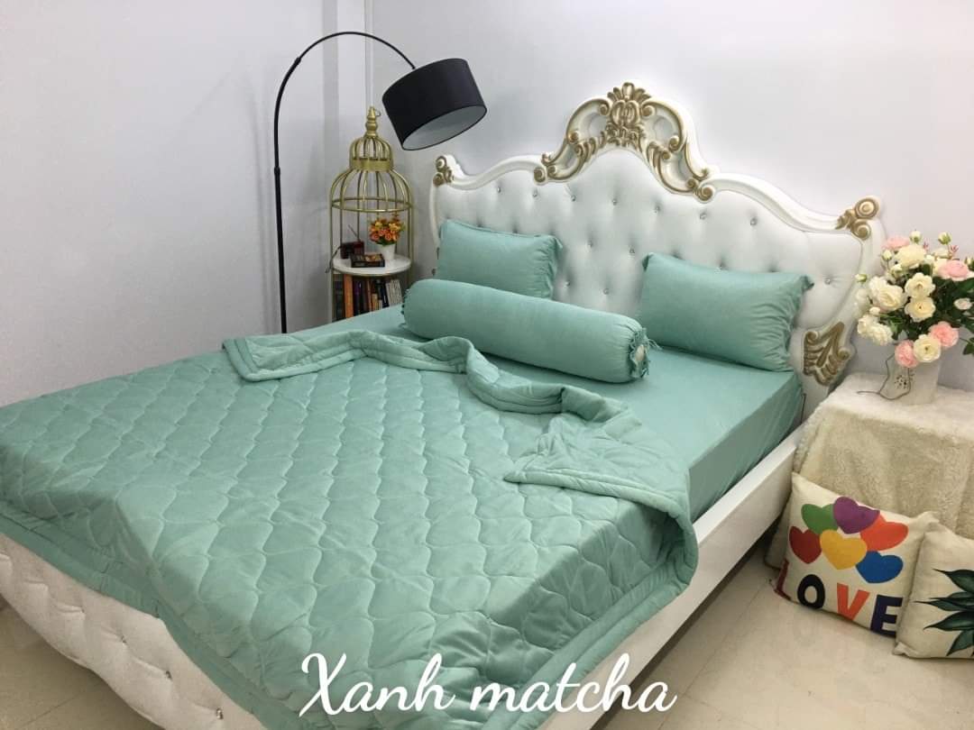 Bộ 4 Món Ga Gối Thun Mát Mềm Cao Cấp Màu Xanh Matcha Mềm Mịn Thấm Hút Mồ Hôi Tốt - Vải Thun Lạnh Hàn Quốc Loại 1