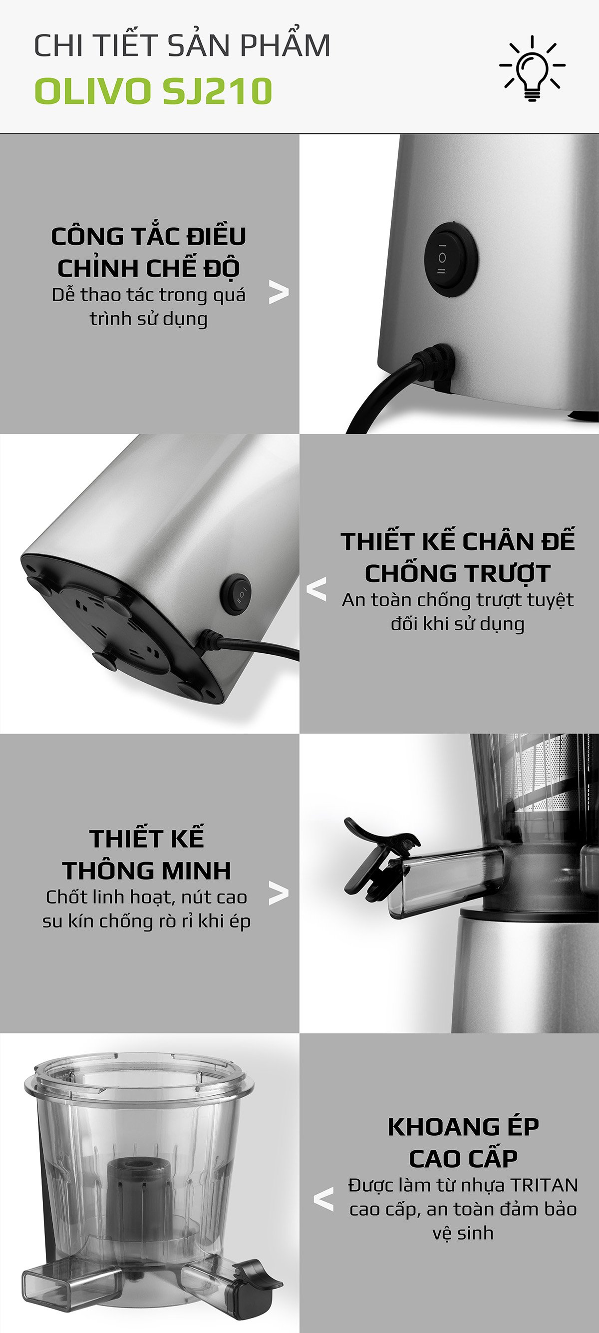 Máy Ép Chậm Trái Cây Hoa Quả Rau Củ OLIVO SJ210 - Hàng Chính Hãng