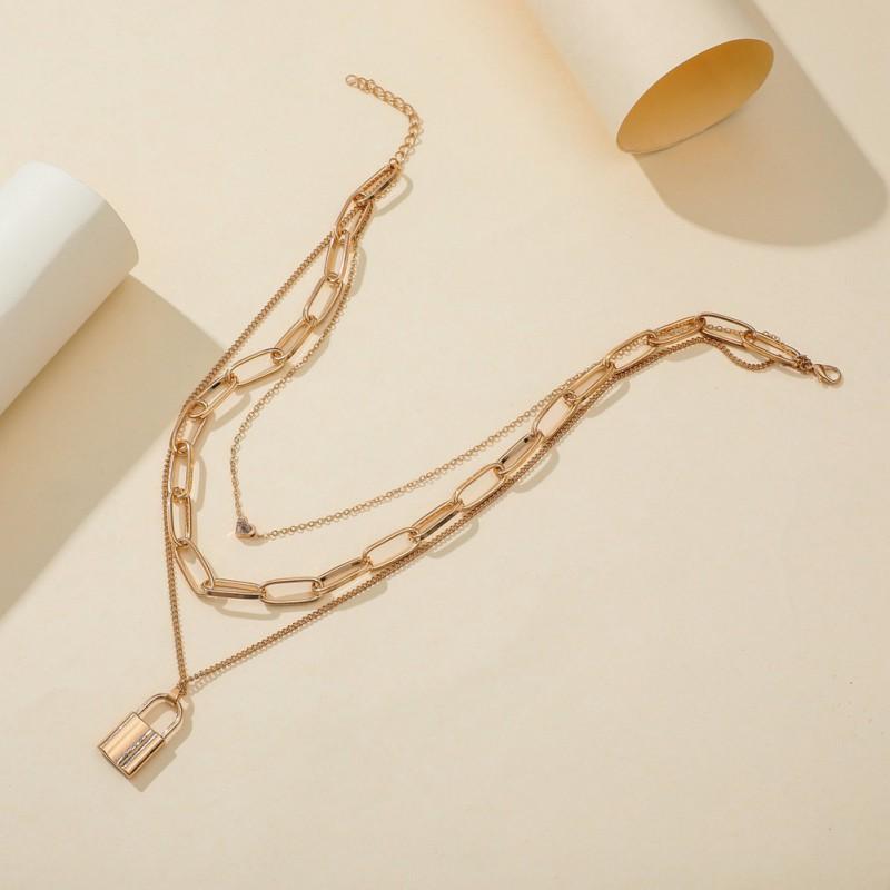 Dây chuyền ba lớp mặt dây hình ổ khóa và trái tim hợp thời trang cho nữ