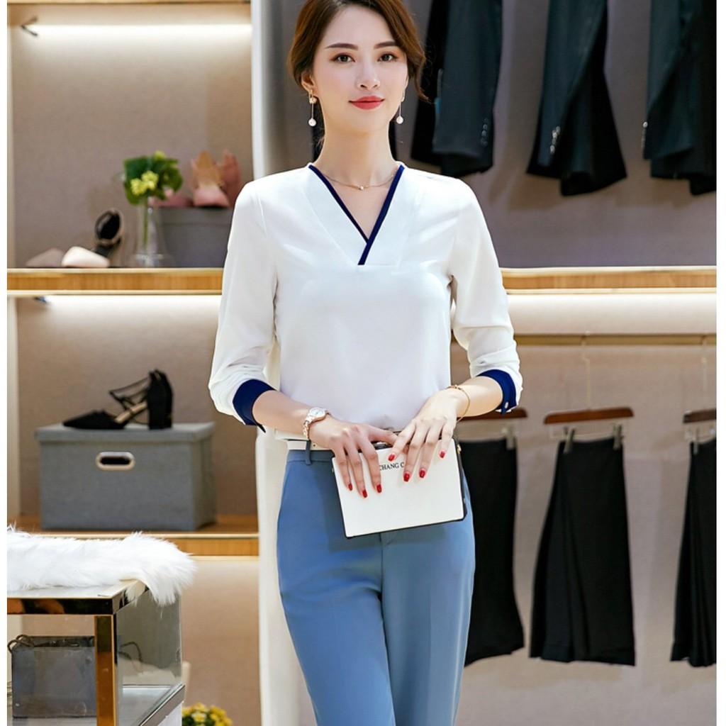 Áo sơ mi cổ v viền màu